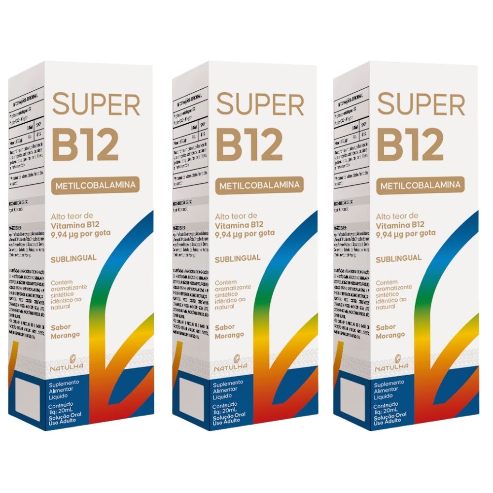 Kit 3 Super Vitamina B12 Metilcobalamina Sublingual Natulha Sabor Morango 20ml