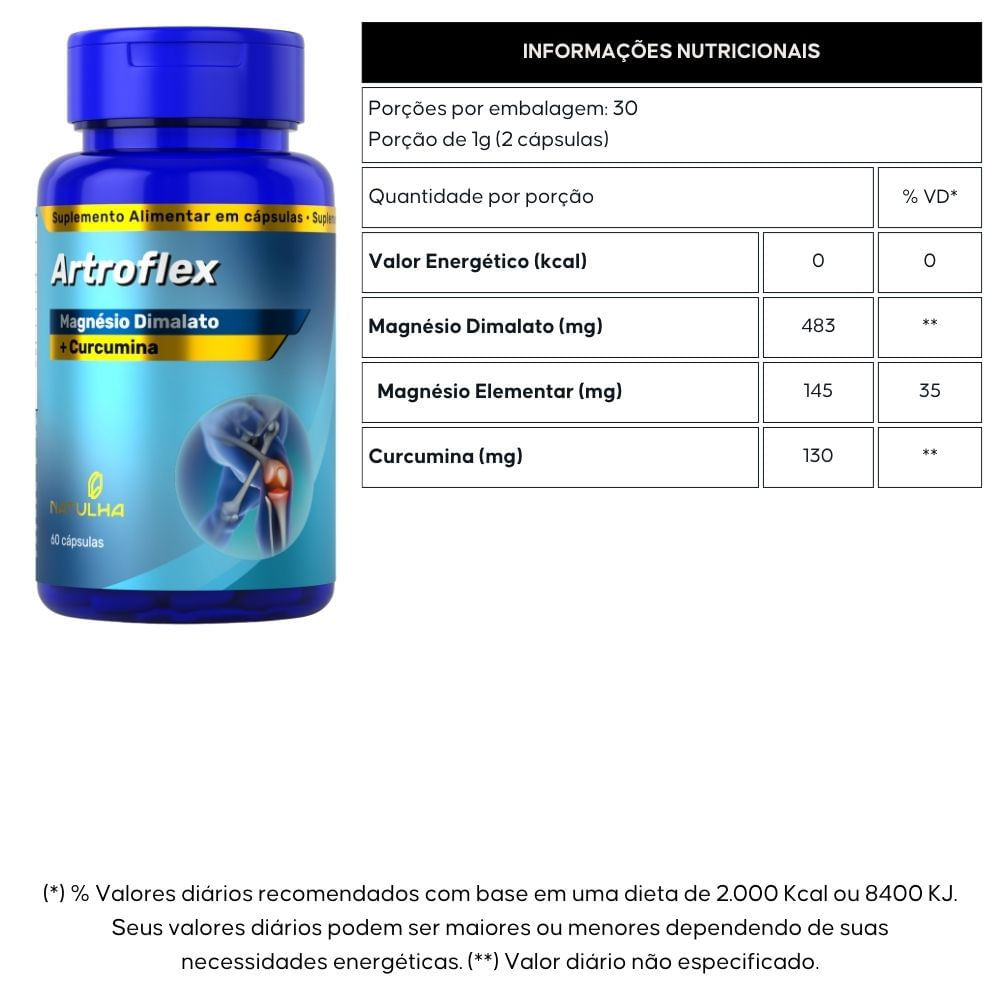 Kit 2 ArtroFlex Cúrcuma + Magnésio Dimalato Natulha 60 Cápsulas