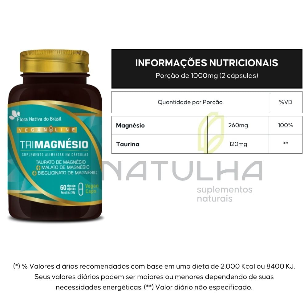 TriMagnésio Taurato, Malato e Bisglicinato Flora Nativa 60 Vegan Caps