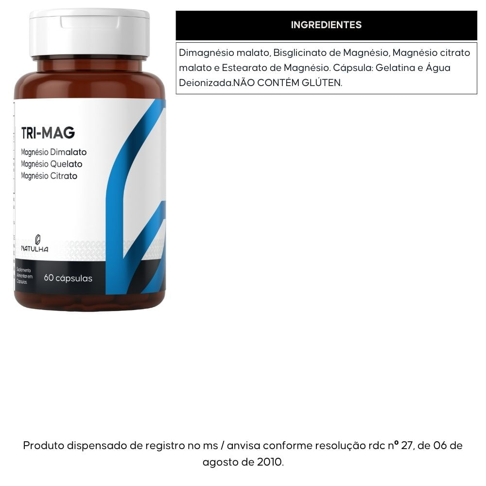 Kit 3x Tri-Mag Magnésio Quelato, Dimalato e Citrato Natulha 60 Cápsulas