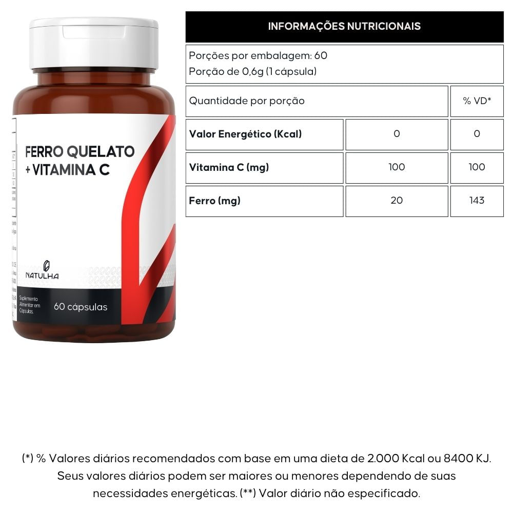 Ferro Quelato + Vitamina C Natulha 60 Cápsulas