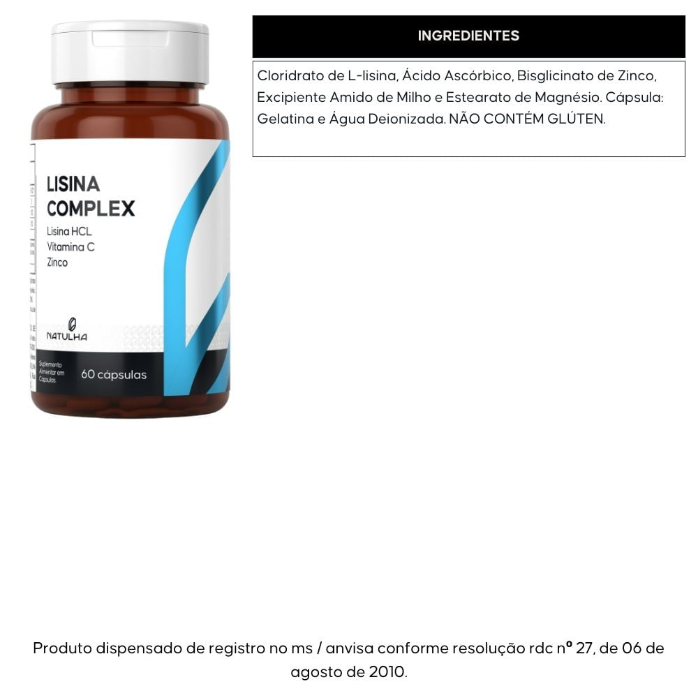 Kit 2 Lisina Complex Lisina HCL, Vitamina C e Zinco Natulha 60 Cápsulas