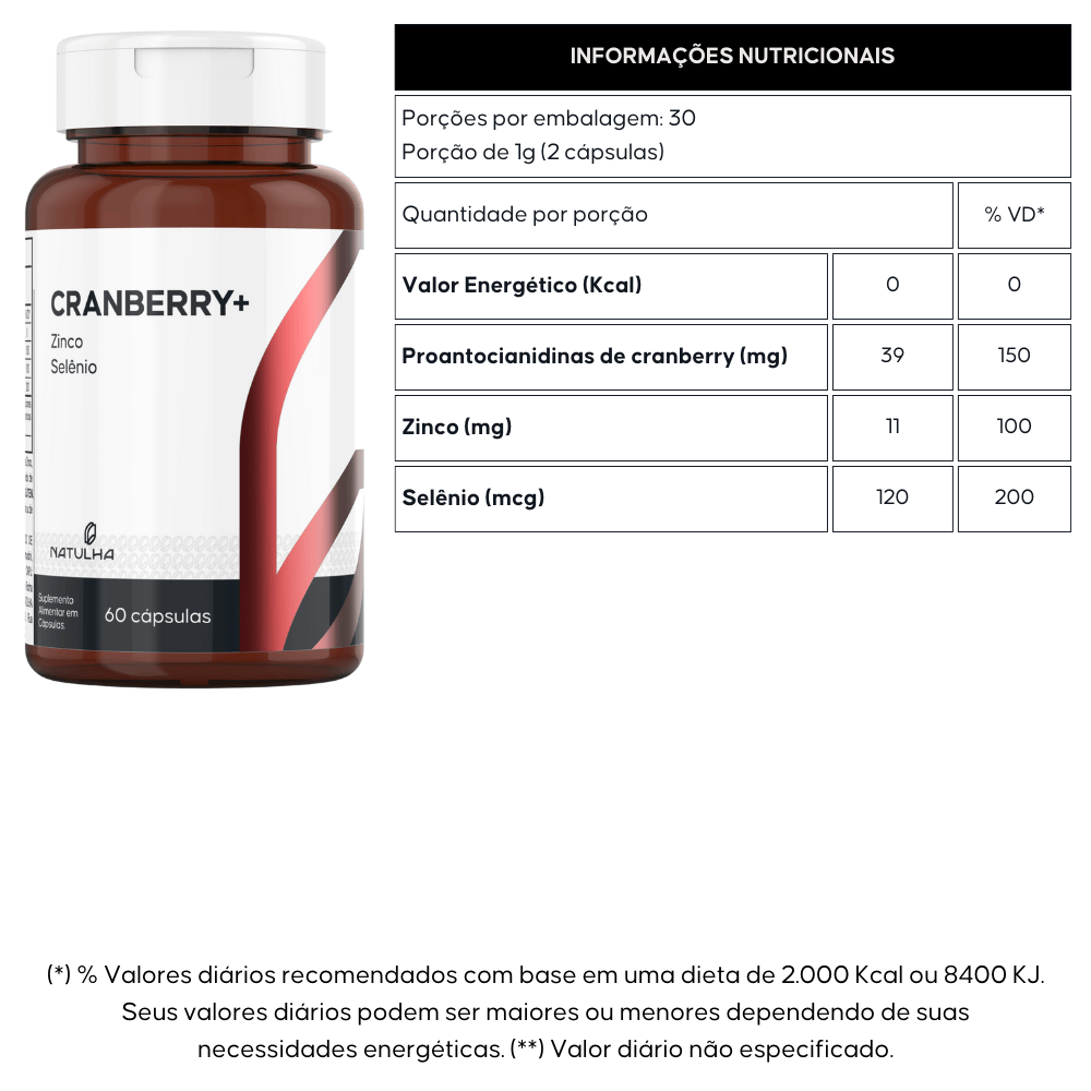 Kit 3 Cranberry Com Zinco e Selênio Natulha 60 Cápsulas