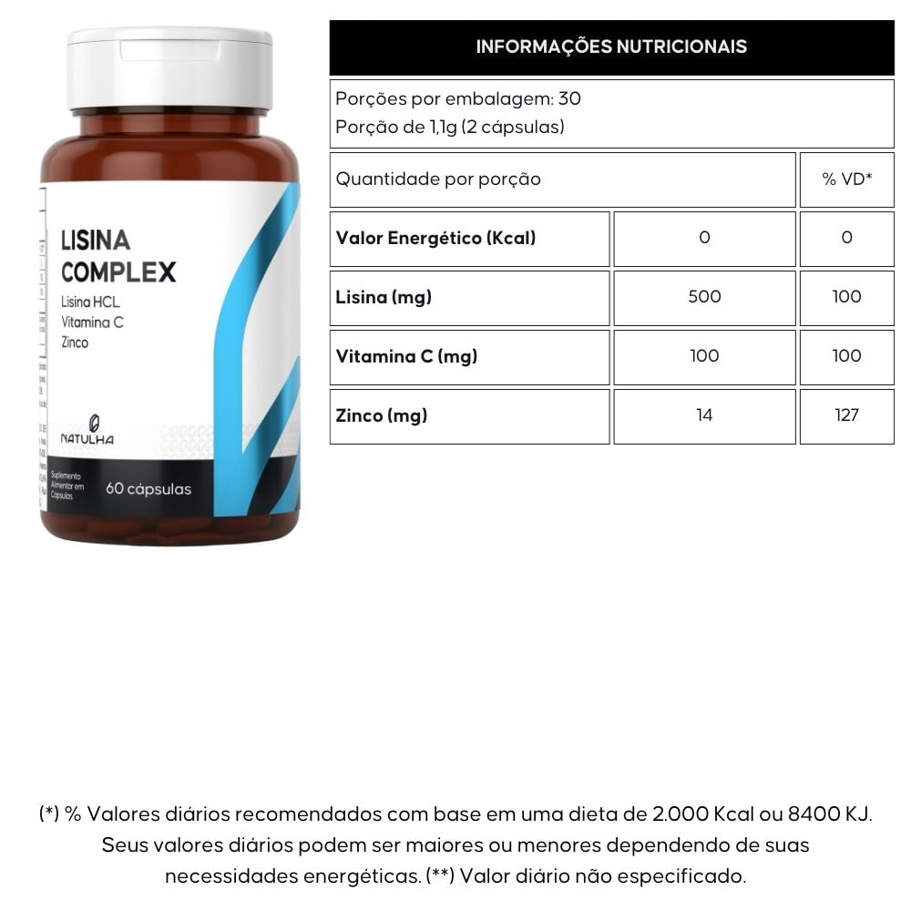 Kit 3 Lisina Complex Lisina HCL, Vitamina C e Zinco Natulha 60 Cápsulas