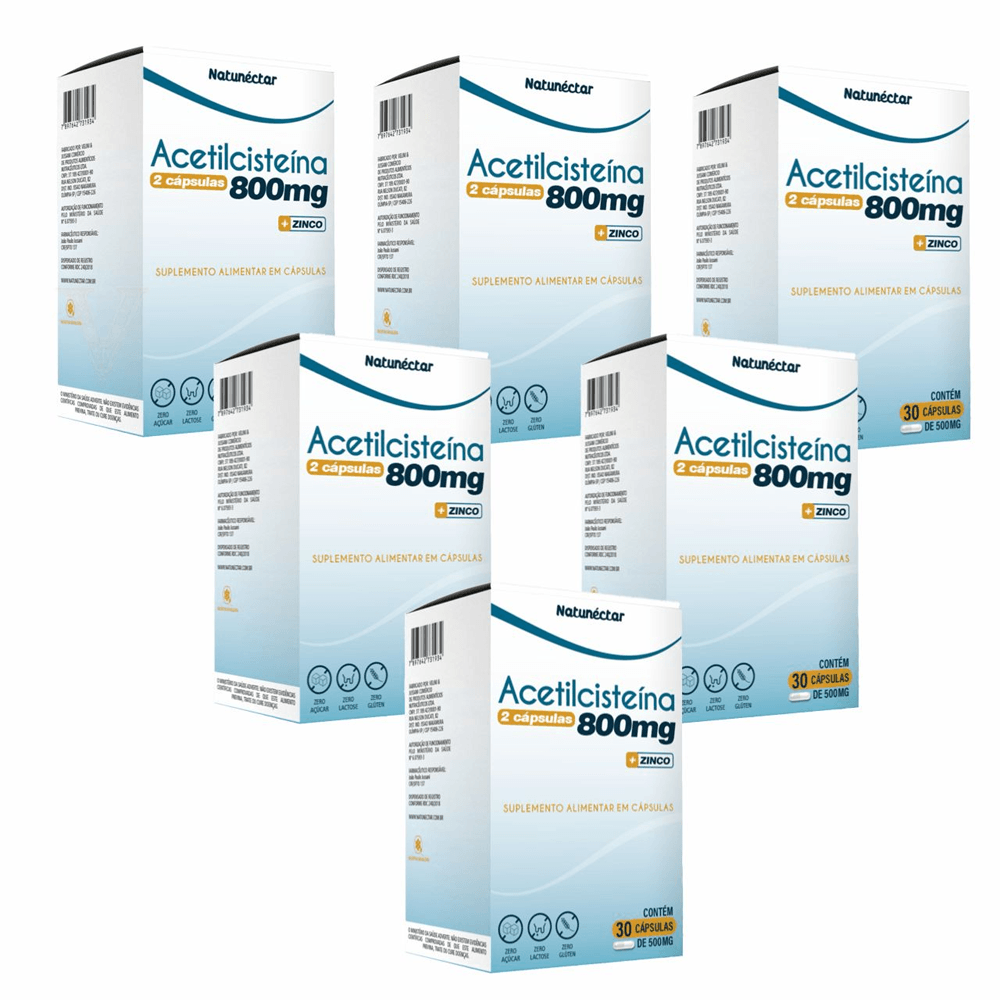 Kit 6 Acetilcisteína NAC Vitamina, C, D e Zinco 800mg 30 Cápsulas