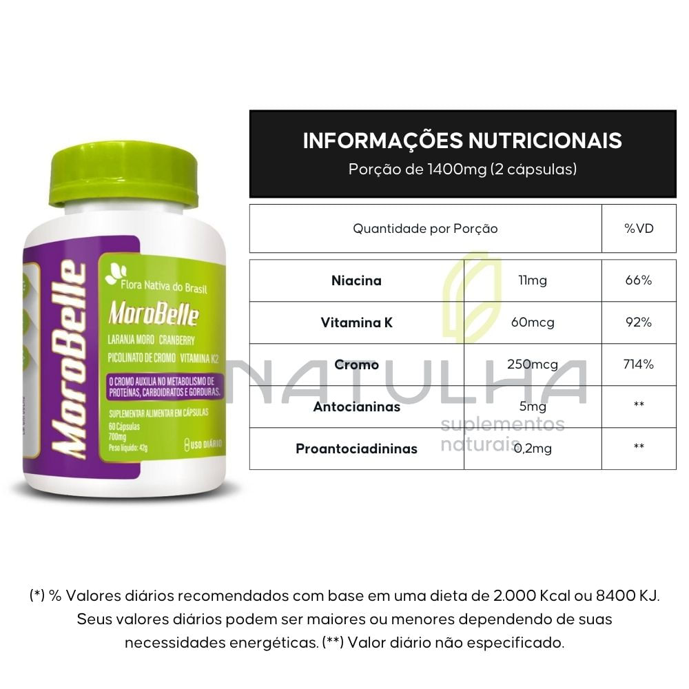 Morobelle Laranja Moro, Cranberry, Cromo e Vitaminas Flora Nativa 60 Cápsulas