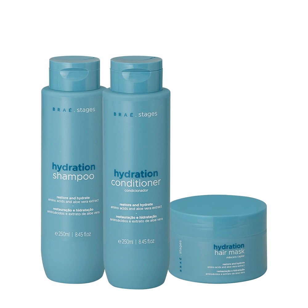 Kit Shampoo 250ml + Condicionador 250ml + Máscara Capilar 200g Home Care Stages Hydration Braé