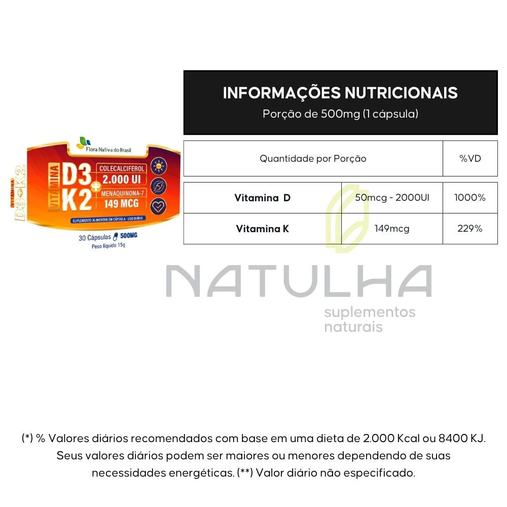 Kit 3 Vitamina k2 Mk-7 + Vitamina D3 Flora Nativa 30 Cápsulas