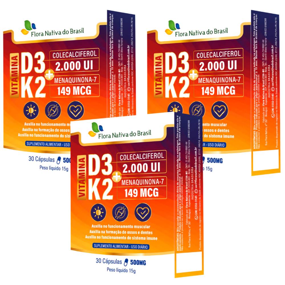 Kit 3 Vitamina k2 Mk-7 + Vitamina D3 Flora Nativa 30 Cápsulas