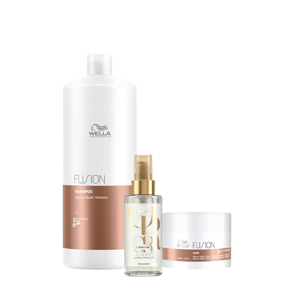 Kit Wella Professionals Shampoo Fusion 1L + Máscara Reconstrutora Fusion 150g + Oil Light Reflections 100ml