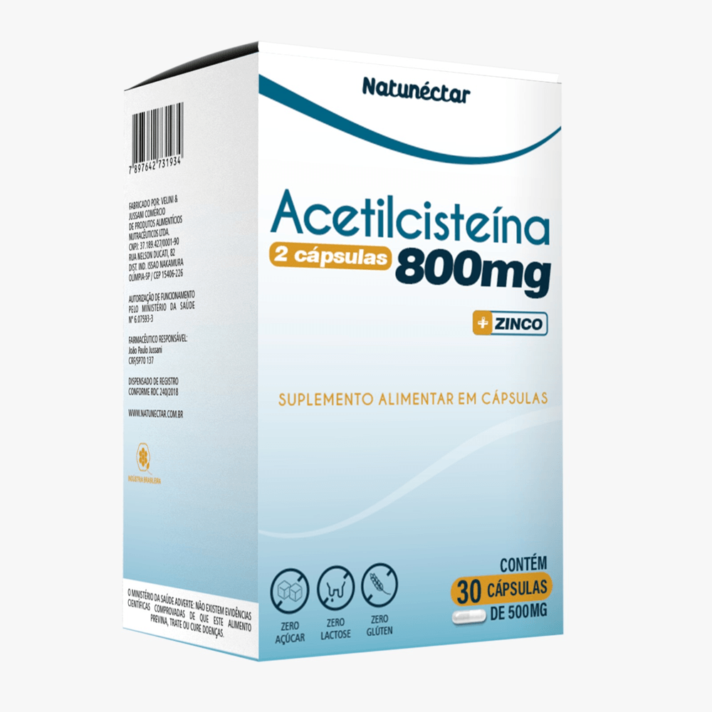 Acetilcisteína NAC Vitamina C, D e Zinco 800mg 30 Cápsulas