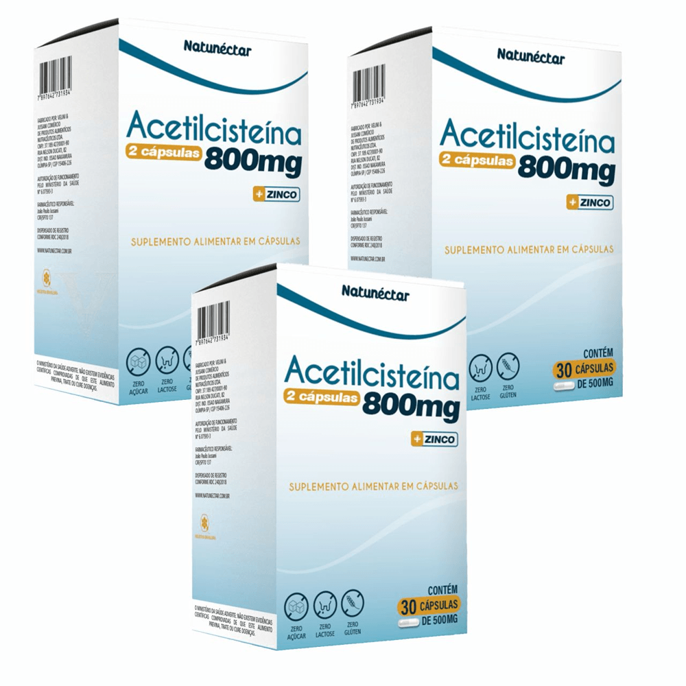 Kit 3 Acetilcisteína NAC Vitamina C, D e Zinco 800mg 30 Cápsulas