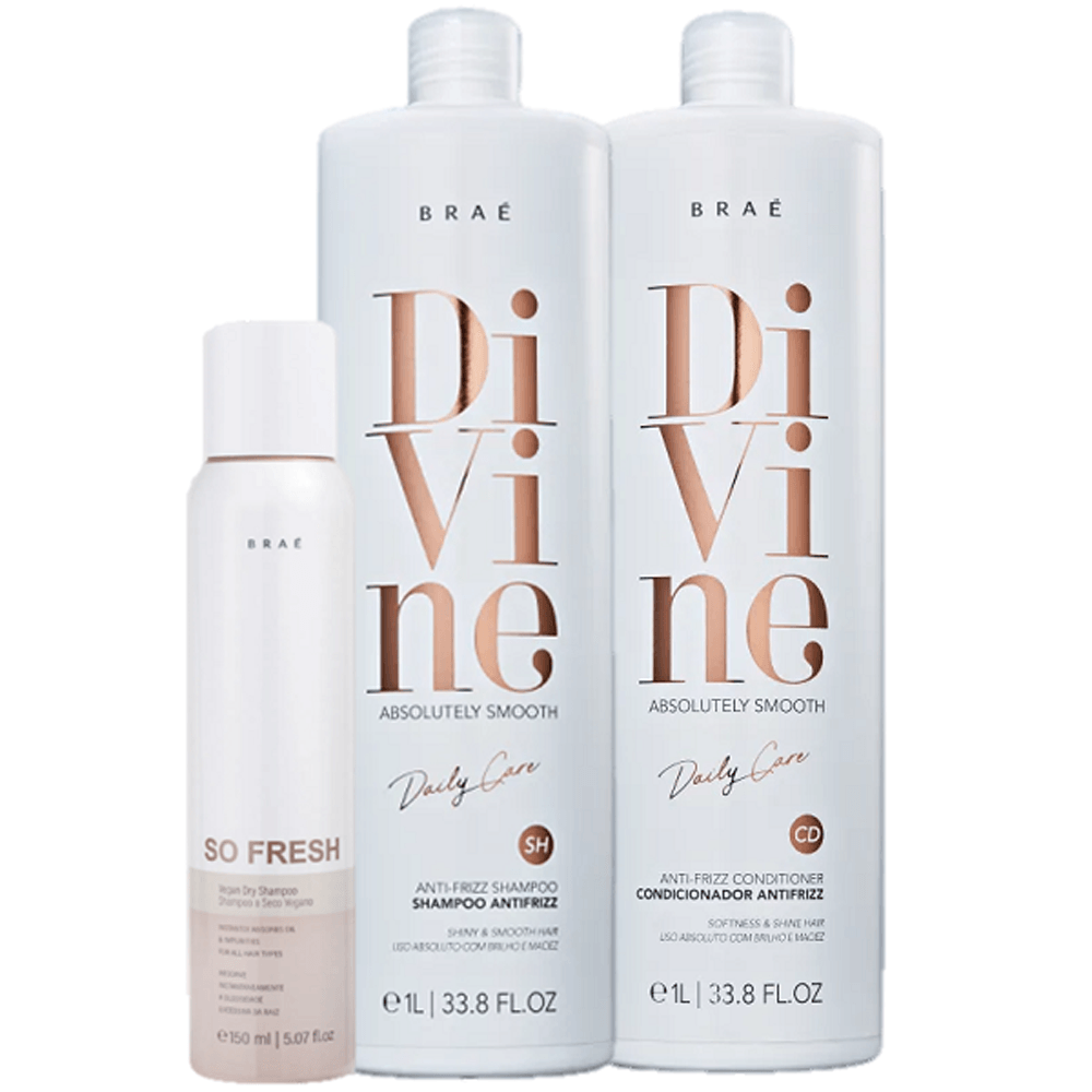 Kit Braé Divine Anti-Frizz Shampoo 1L + Condicionador 1L + So Fresh 150ml