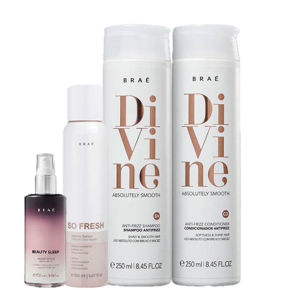 Kit Braé Divine Anti Frizz Shampoo 250ml + Condicionador 250ml + Beauty Sleep 100ml + So Fresh 150ml