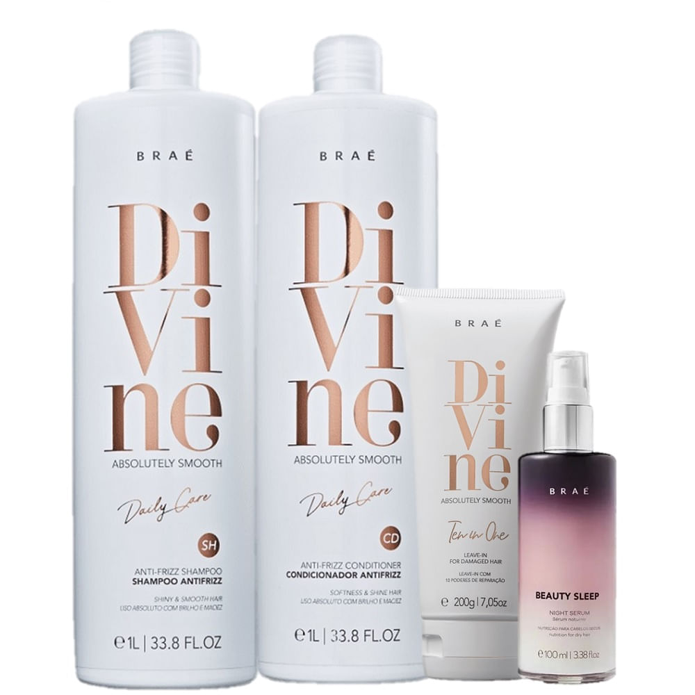 Kit Braé Divine Anti Frizz Shampoo 1l + Condicionador 1l + Leave In 200g + Beauty Sleep Sérum 100ml