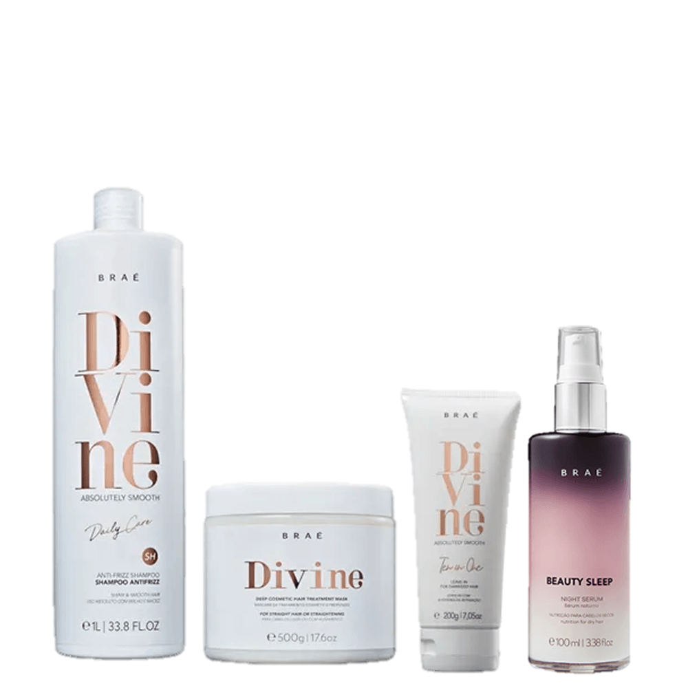 Kit Braé Divine Anti Frizz Shampoo 1l + Máscara 500g + Leave-in 200g + Beauty Sleep 100ml
