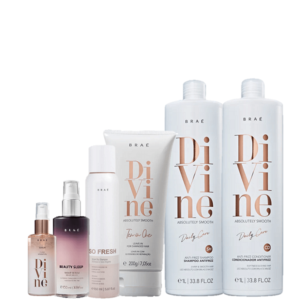 Kit Braé Divine Shampoo 1l + Condicionador 1l+ Leave-in 200g + Beauty Sleep 100ml + So Fresh 150ml + Sérum 60ml