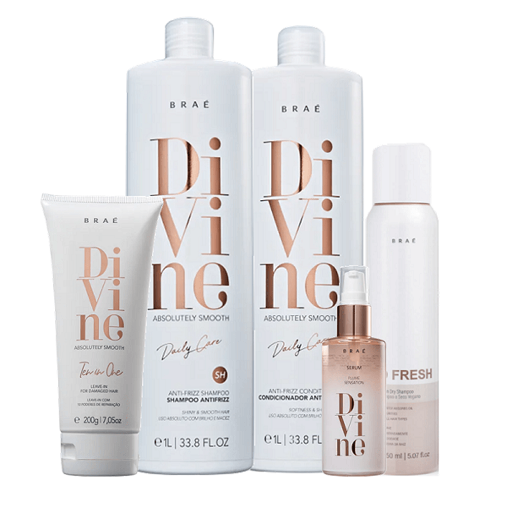 Kit Braé Divine Shampoo 1l + Condicionador 1l + Leave-in 200g + Sérum 60ml + So Fresh 150ml