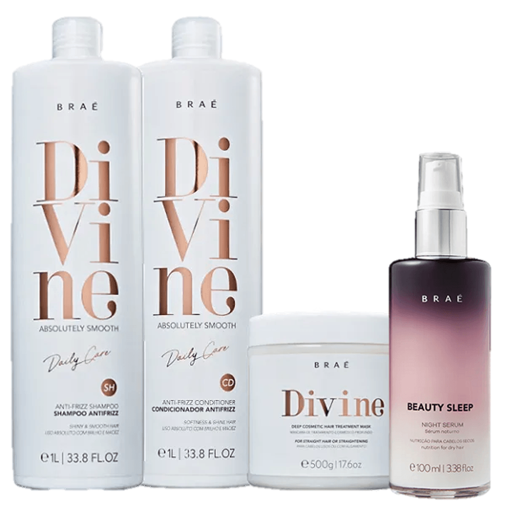 Kit Braé Divine Shampoo 1L + Condicionador 1L + Máscara Capilar 500g + Beauty Sleep 100ml