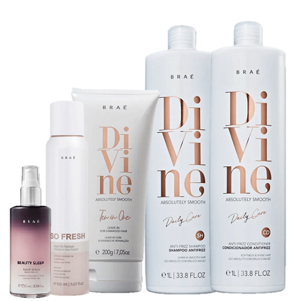 Kit Braé Divine Shampoo 1l + Condicionador 1l + Leave-in 200g + Beauty Sleep 100ml + So Fresh 150ml