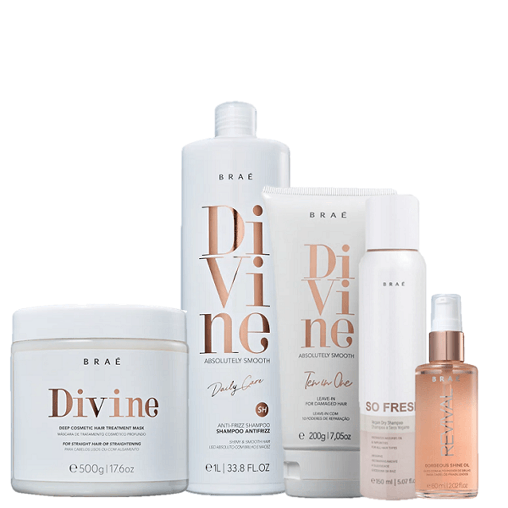 Kit Braé Divine Shampoo 1l+  Máscara 500g + Leave-in 200g + Óleo Capilar 60ml + So Fresh 150ml