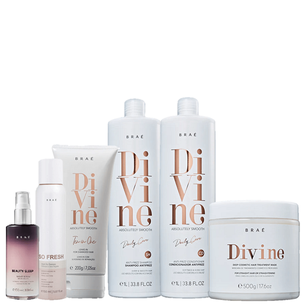Kit Braé Divine Shampoo 1l + Condicionador 1l + Máscara 500g + Leave-in 200g+ Beauty Sleep 100ml + So Fresh 150ml