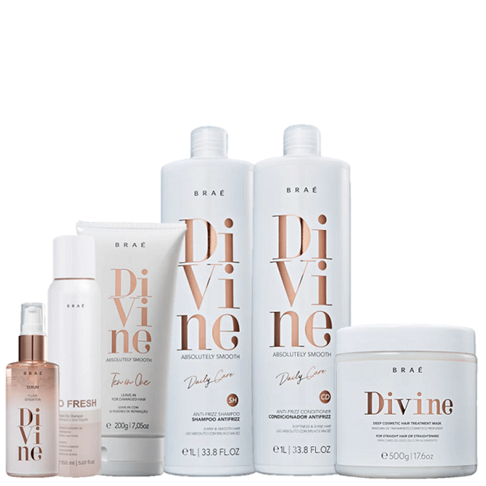 Kit Braé Divine Shampoo 1l + Condicionador 1l + Máscara 500g + Leave-in 200g + Sérum 60ml + So Fresh 150ml