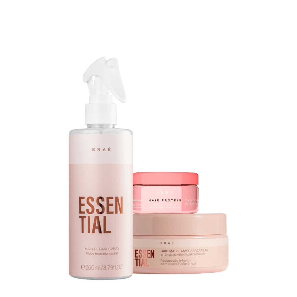 Kit Braé Máscara Essential 200g + Fluido Reparador Leave-in 260ml + Protein Leave-in 80g
