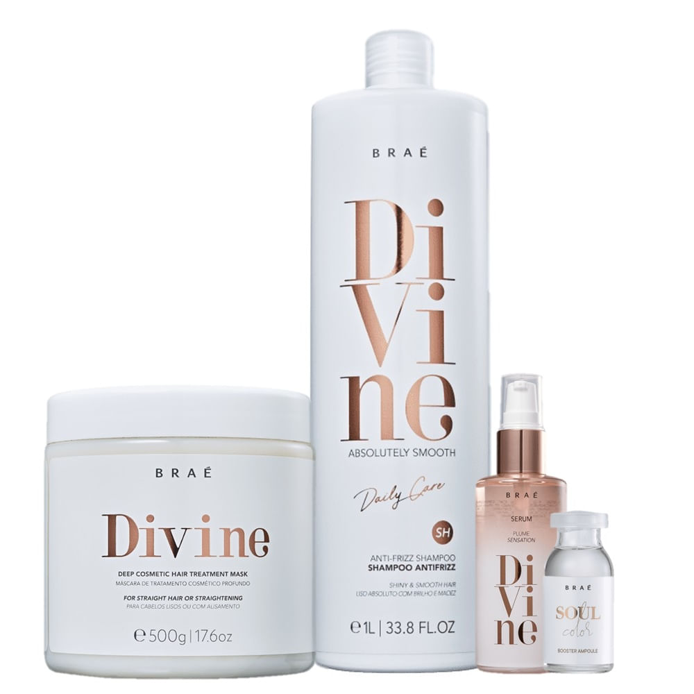 Kit Braé Divine Shampoo 1l + Máscara 500g+ Ampola Soul Color 13ml + Sérum 60ml