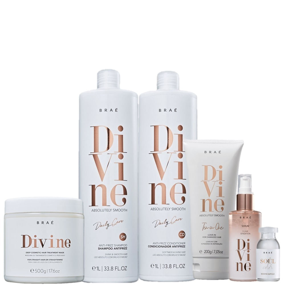Kit Braé Divine Shampoo 1l + Condicionador 1l + Máscara 50g + Leave-in 200g + Sérum 60ml + Ampola 13ml