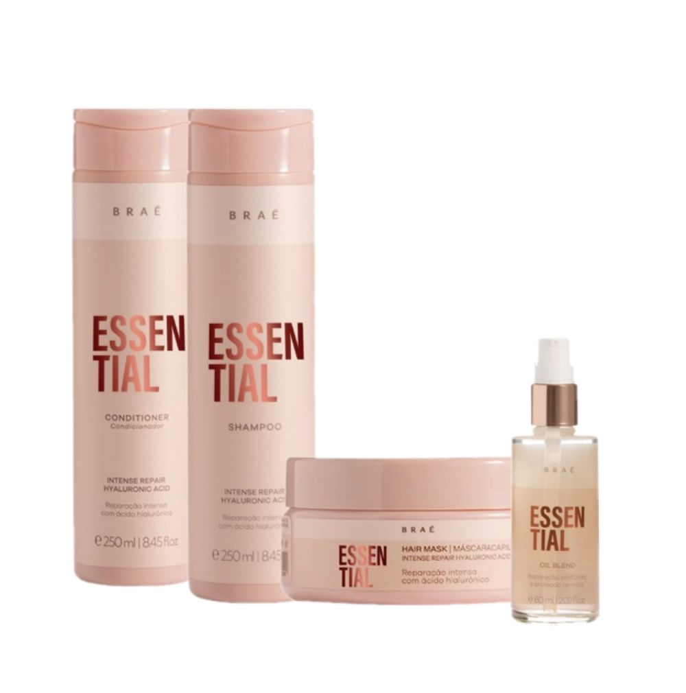 Kit Braé Essential Shampoo 250ml + Condicionador 250ml + Máscara 200g + Óleo Reparador 60ml