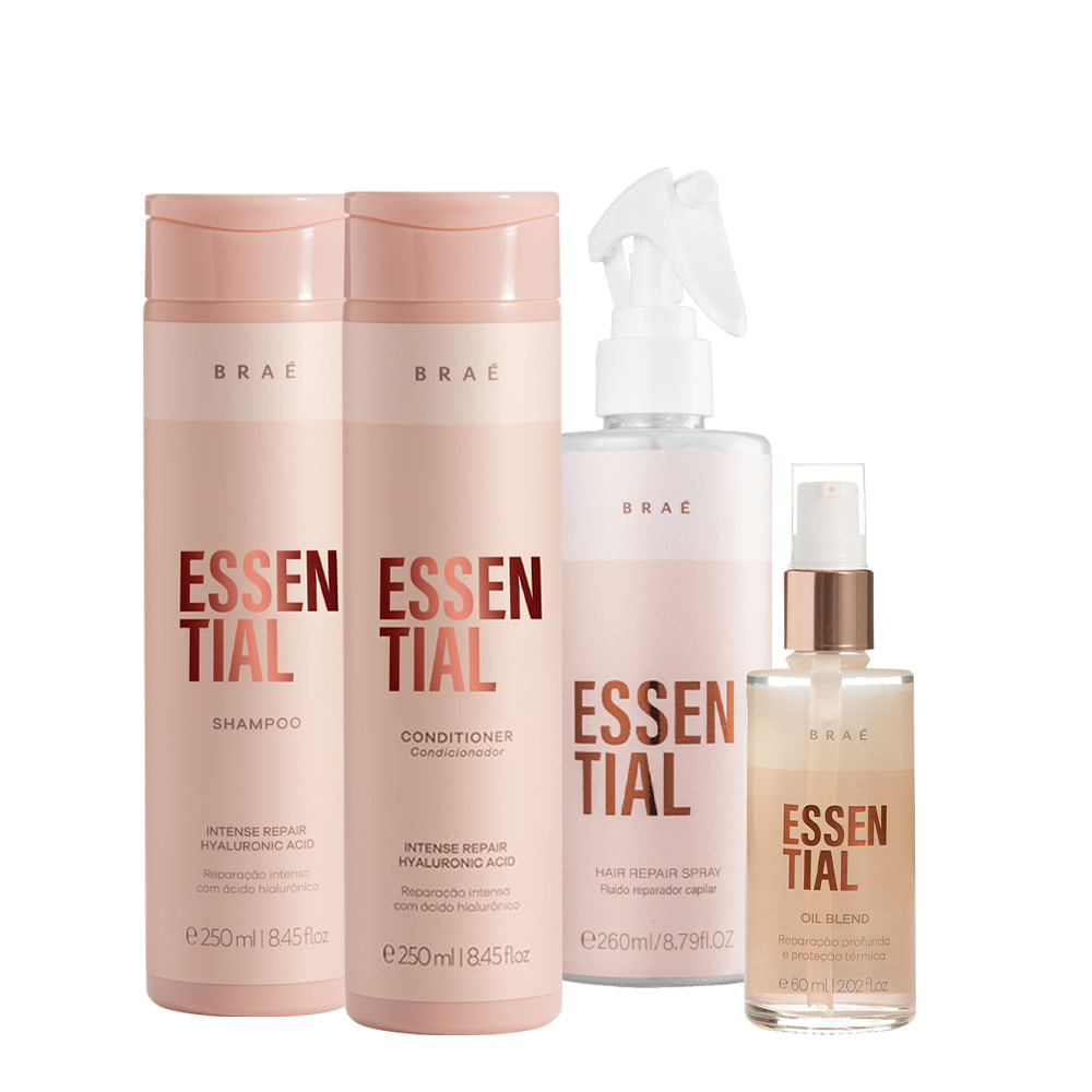 Kit Braé Essential Shampoo 250ml + Condicionador 250ml + Oil Blend 60ml + Spray Hair Repair 260ml