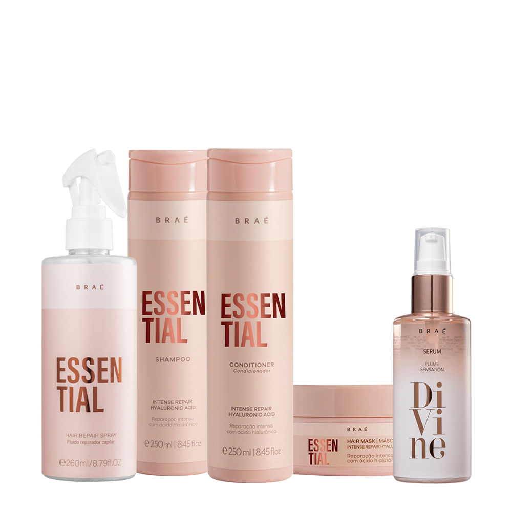 Kit Braé Shampoo 250ml + Condicionador 250ml + Hair Repair Spray 260ml + Máscara 200g + Sérum Reparador Capilar 60ml