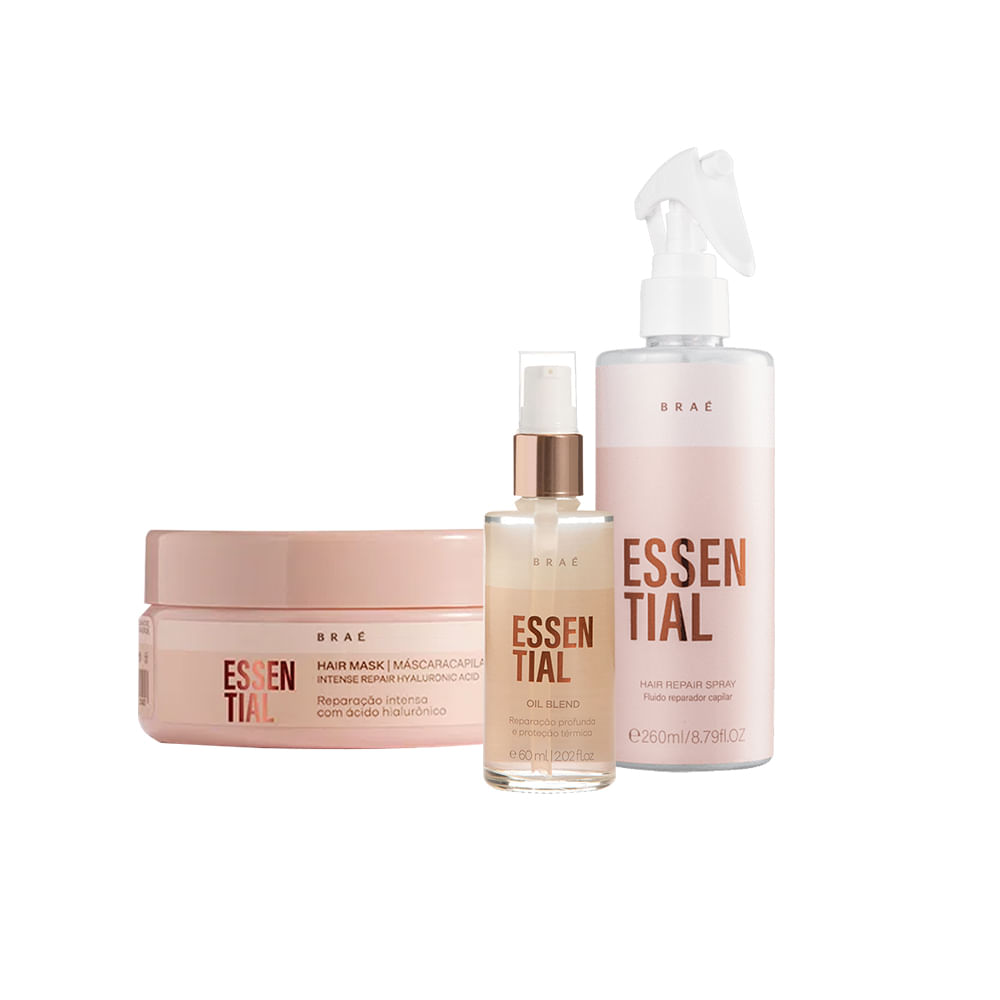 Kit Braé Essential Máscara 200g + Óleo Reparador 60ml + Fluido Reparador Leave-in 260ml