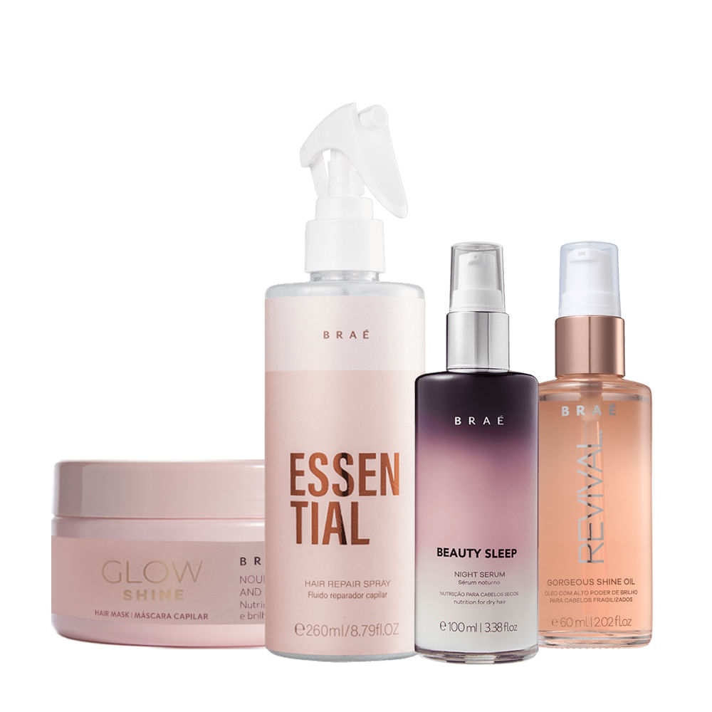 Kit Braé Máscara Capilar 200g + Fluido Reparador 260ml + Óleo Finalizador 60ml + Sérum Noturno 100ml