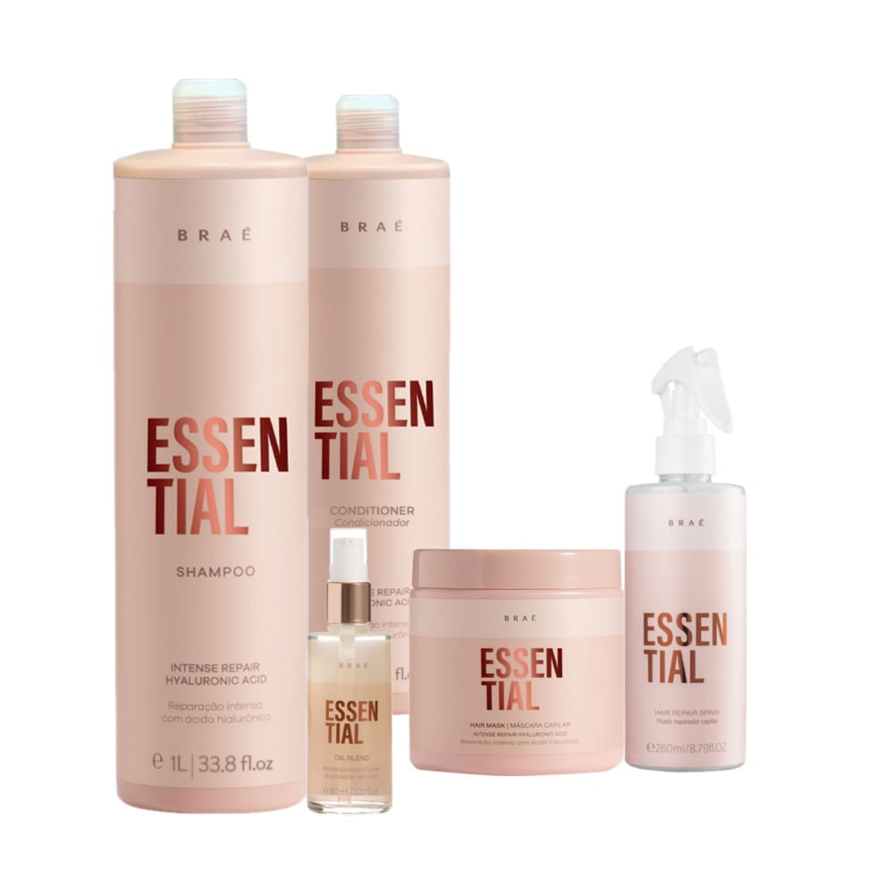Kit Braé Essential Shampoo 1l + Condicionador 1l + Máscara 500g+ Óleo Reparador 60ml + Leave-in 260ml