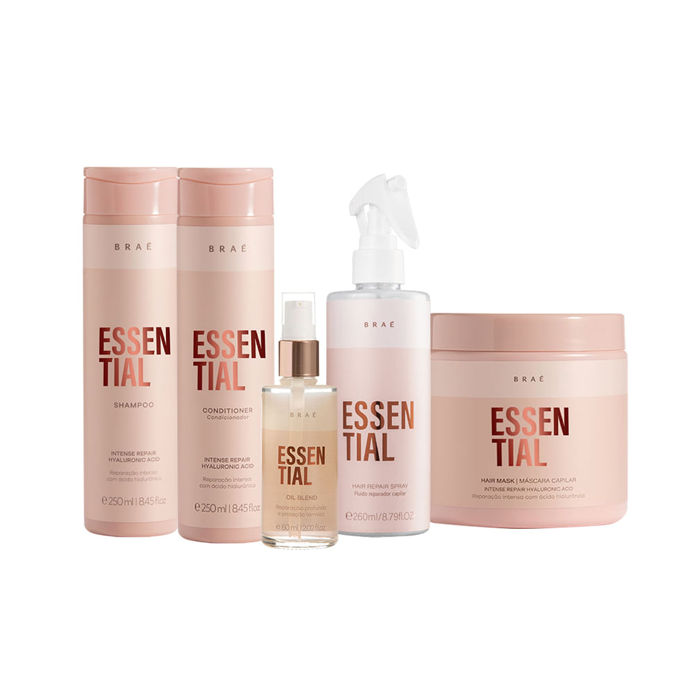 Kit Braé Essential Shampoo 250ml + Condicionador 250ml + Máscara 500g + Óleo Reparador 60ml + Leave-in 260ml