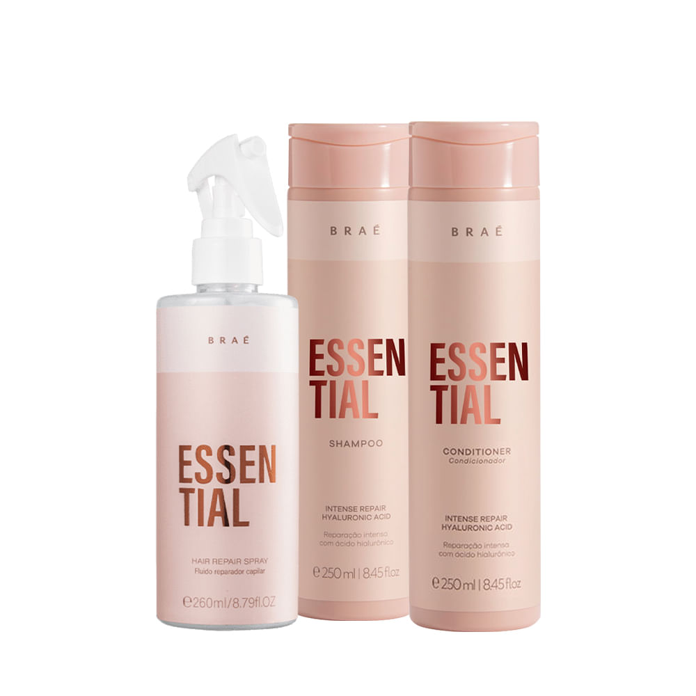 Kit Braé Essential Shampoo 250ml + Condicionador 250ml + Fluido Reparador Leave-in 260ml