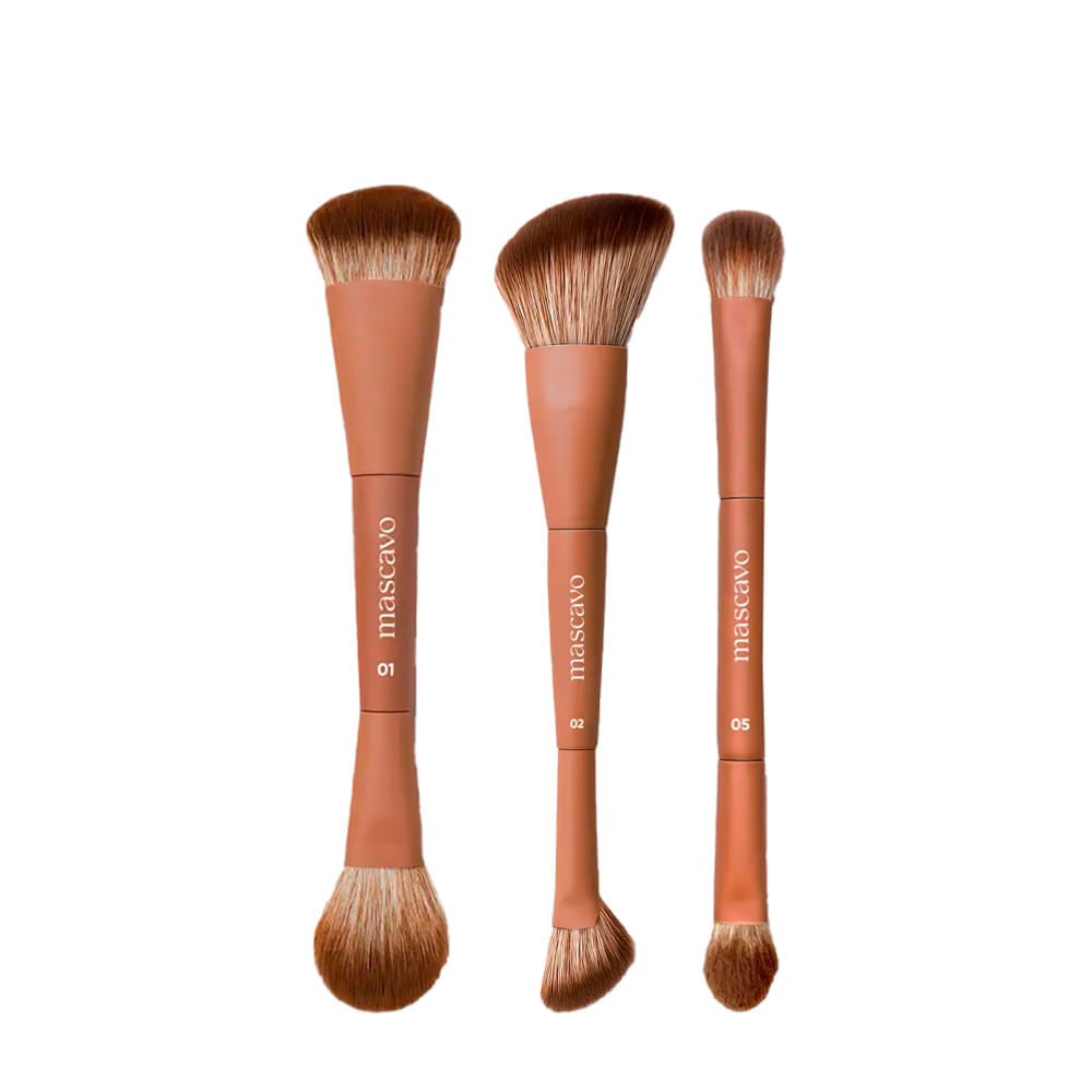 Kit Pro Series Mascavo Pincel De Maquiagem Duplo Para Rosto + Duplo Angular + Duplo Para Sombra