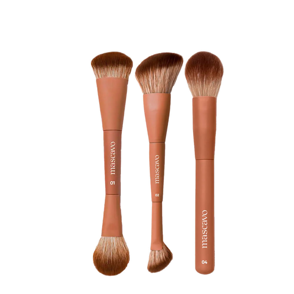 Kit Pro Series Mascavo Pincel de Maquiagem Duplo para Rosto + Duplo Angular + Acabamento e Retoque