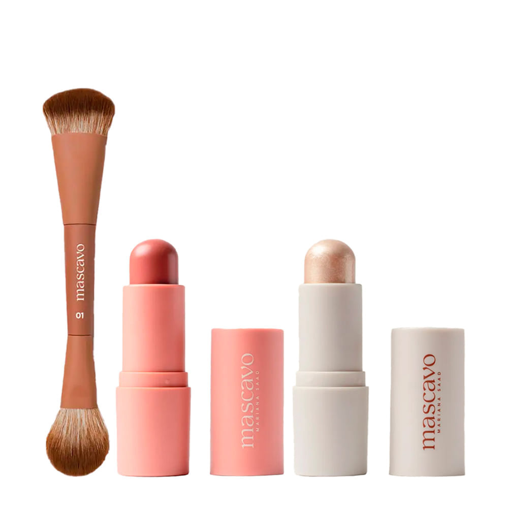 Kit Pro Series Mascavo Pincel De Maquiagem Duplo Para Rosto + Blush Maple 6g + Iluminador Champagne 6g