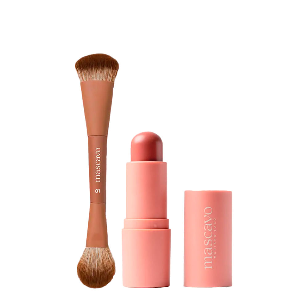 Kit Pro Series Mascavo Pincel De Maquiagem Duplo Para Rosto + Flush Blush Bastão Maple 6g