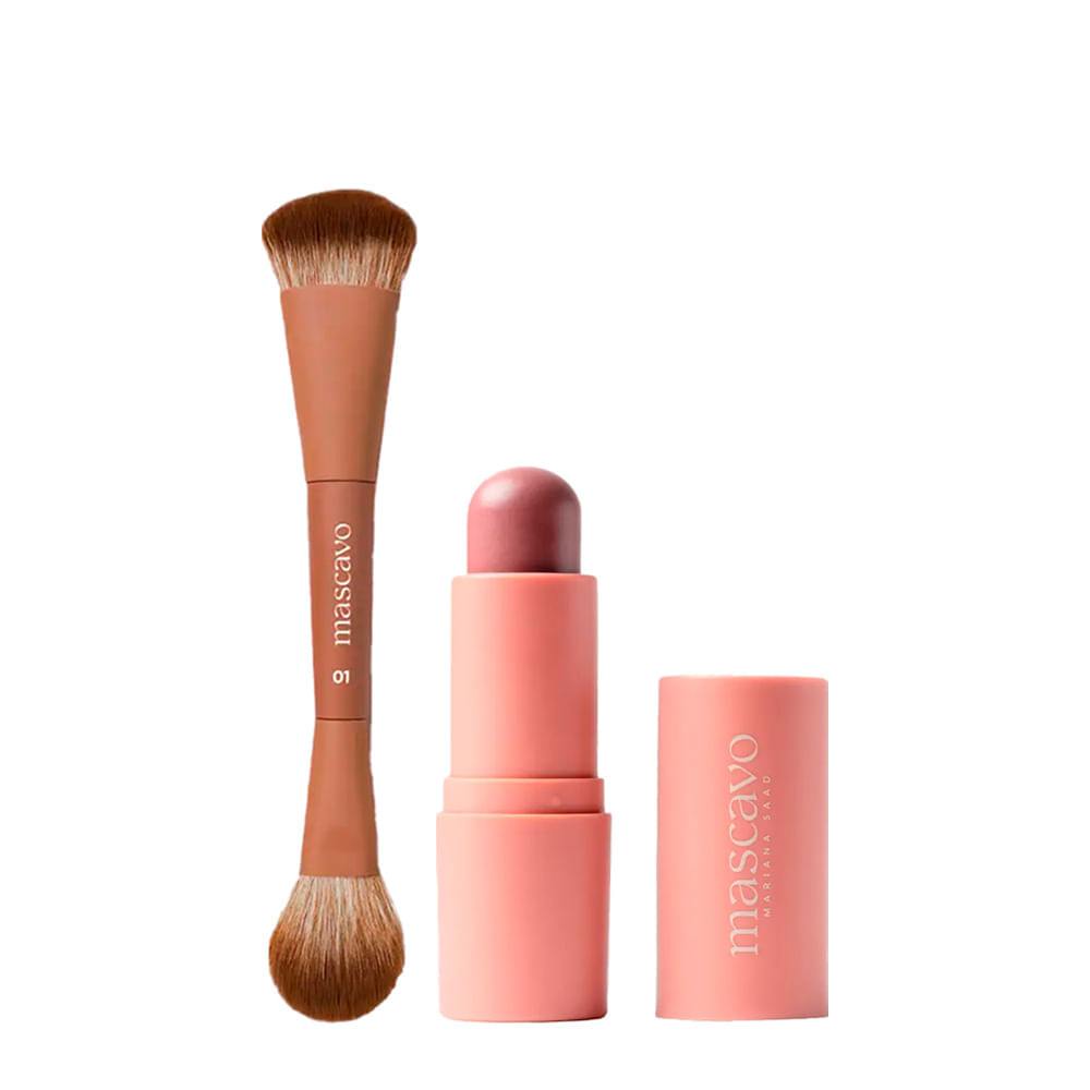 Kit Pro Series Mascavo Pincel De Maquiagem Duplo Para Rosto + Flush Blush Bastão Oak 6g