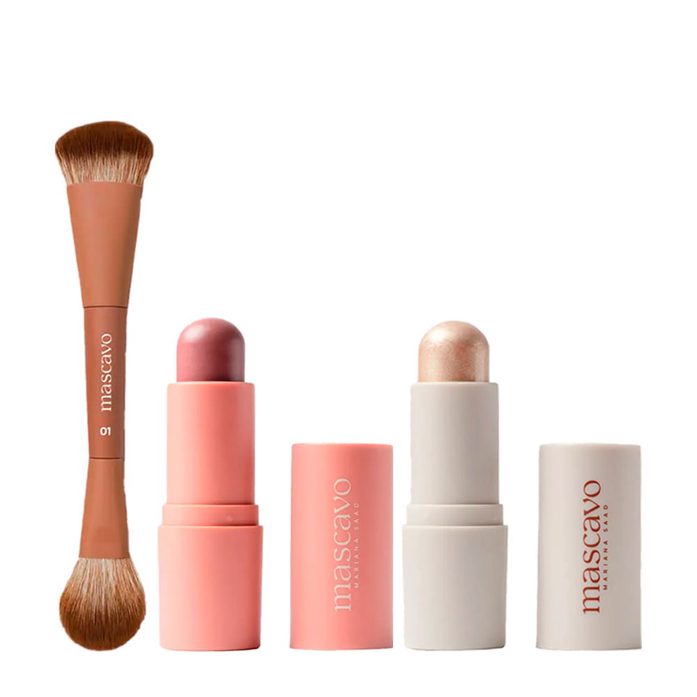 Kit Pro Series Mascavo Pincel De Maquiagem Duplo Para Rosto + Blush Oak 6g + Iluminador Champagne 6g