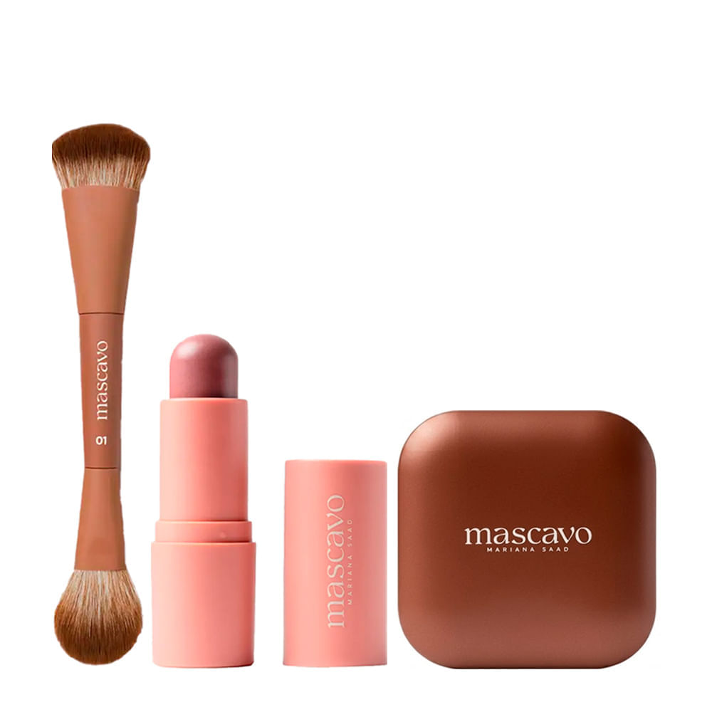 Kit Pro Series Mascavo Pincel De Maquiagem Duplo Para Rosto + Blush Oak 6g + Bronzer Sunset 8g