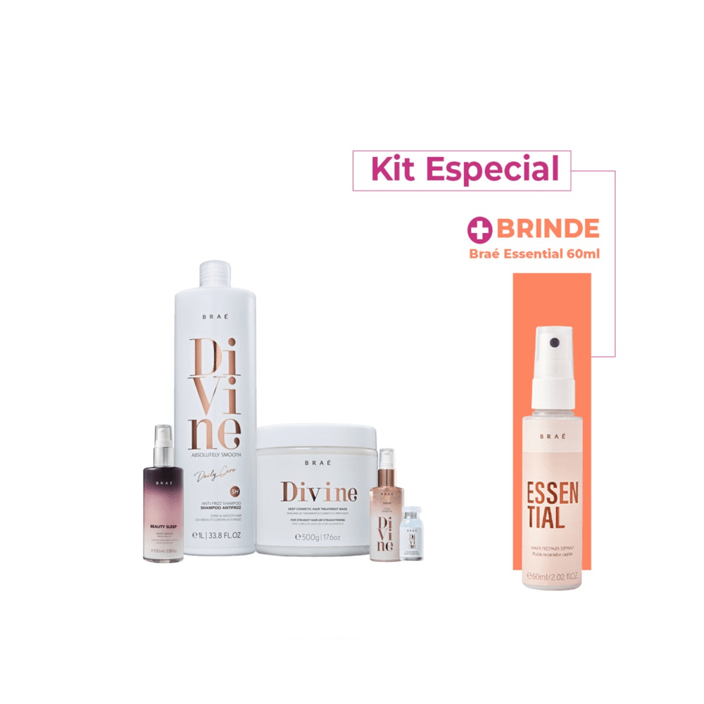 Kit Shampoo Antifrizz 1L +Máscara 500g + Sérum Divine Salon 60ml + Beauty Sleep Braé 100ml+ Leave in Braé 60ml + Ampola Divine 13ml