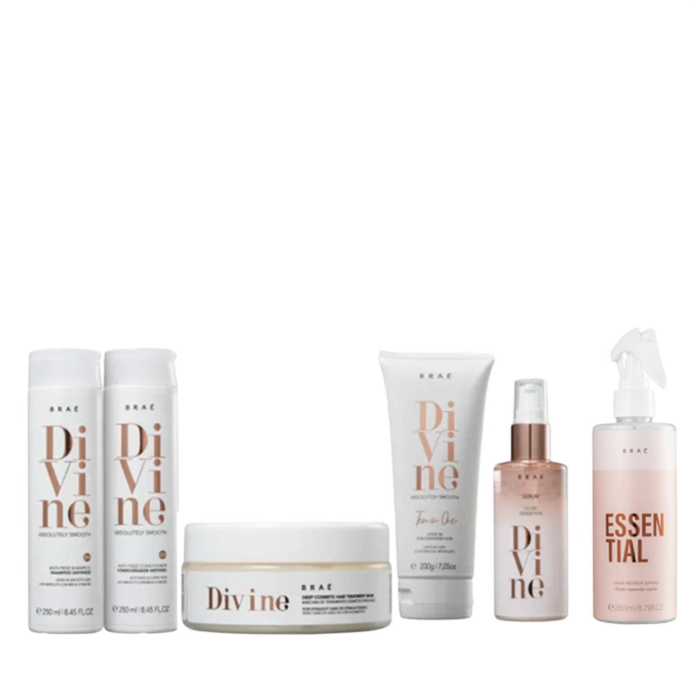 Kit Braé Shampoo 250ml + Condicionador 250ml + Máscara 200ml + Leave-in 200ml + Sérum Plume 60ml+ Fluído Reparador 260ml