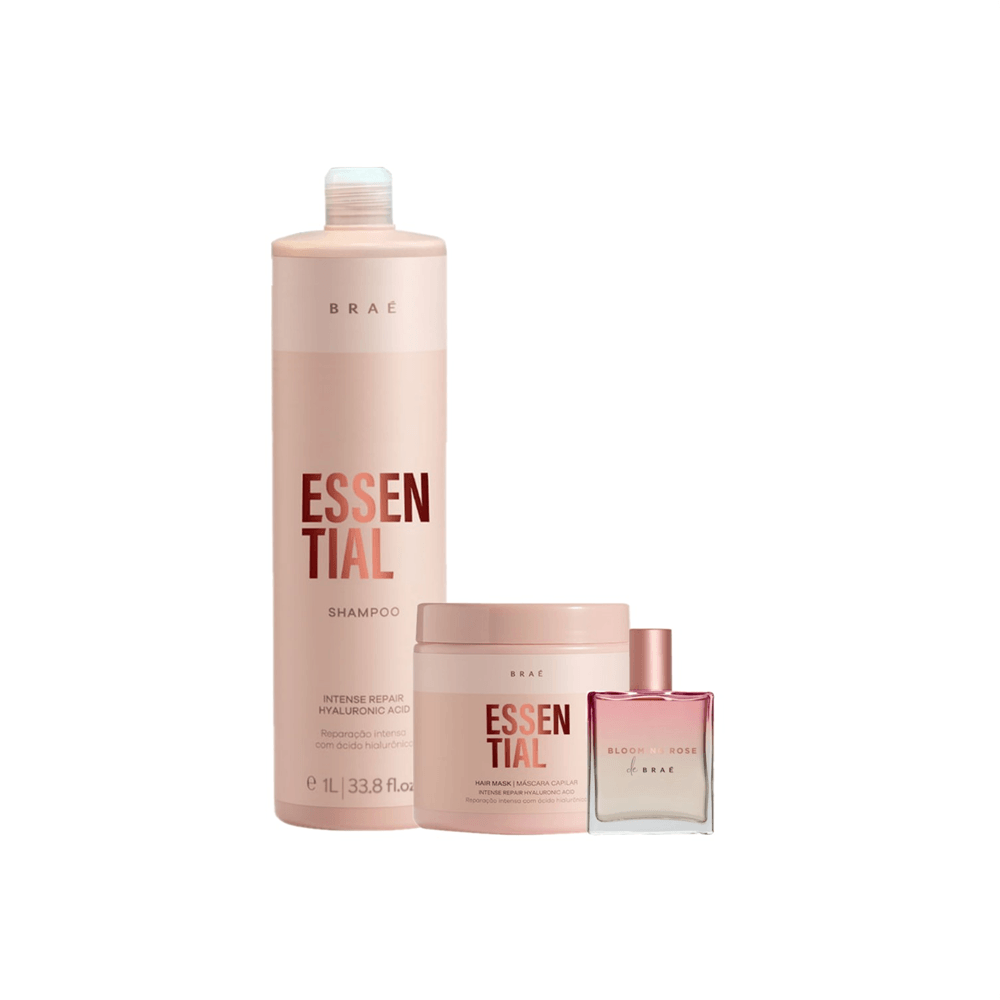 Kit Shampoo 1l + Máscara Essential 500g + Perfume Para Cabelo Blooming Rose Braé 50ml