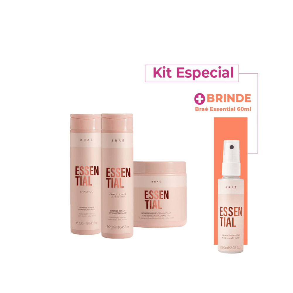 Kit Shampoo 250ml + Condicionador 250ml + Máscara Essential 500g+ Hair Spray Braé 60ml