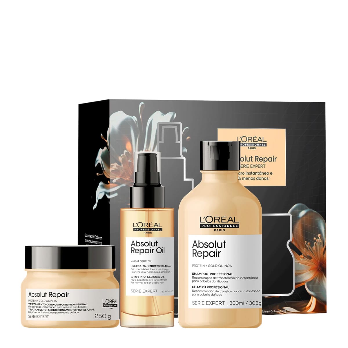 Kit Absolut Repair L'Oréal Professionnel Shampoo 300ml + Máscara Capilar 250g + Óleo Reparador 90ml